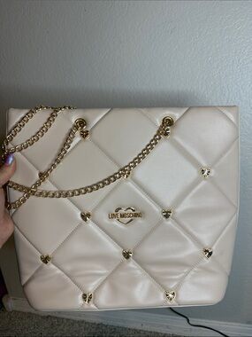 Love Moschino Cream Quilted Tote with Gold Heart Studs and Chain Straps